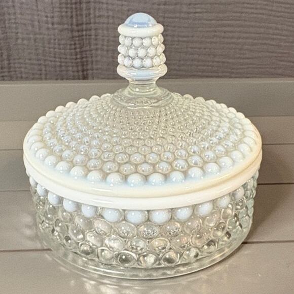 Rare Vintage Moonstone Opalescent Hobnail Candy Jar with Lid - Picture 1 of 4